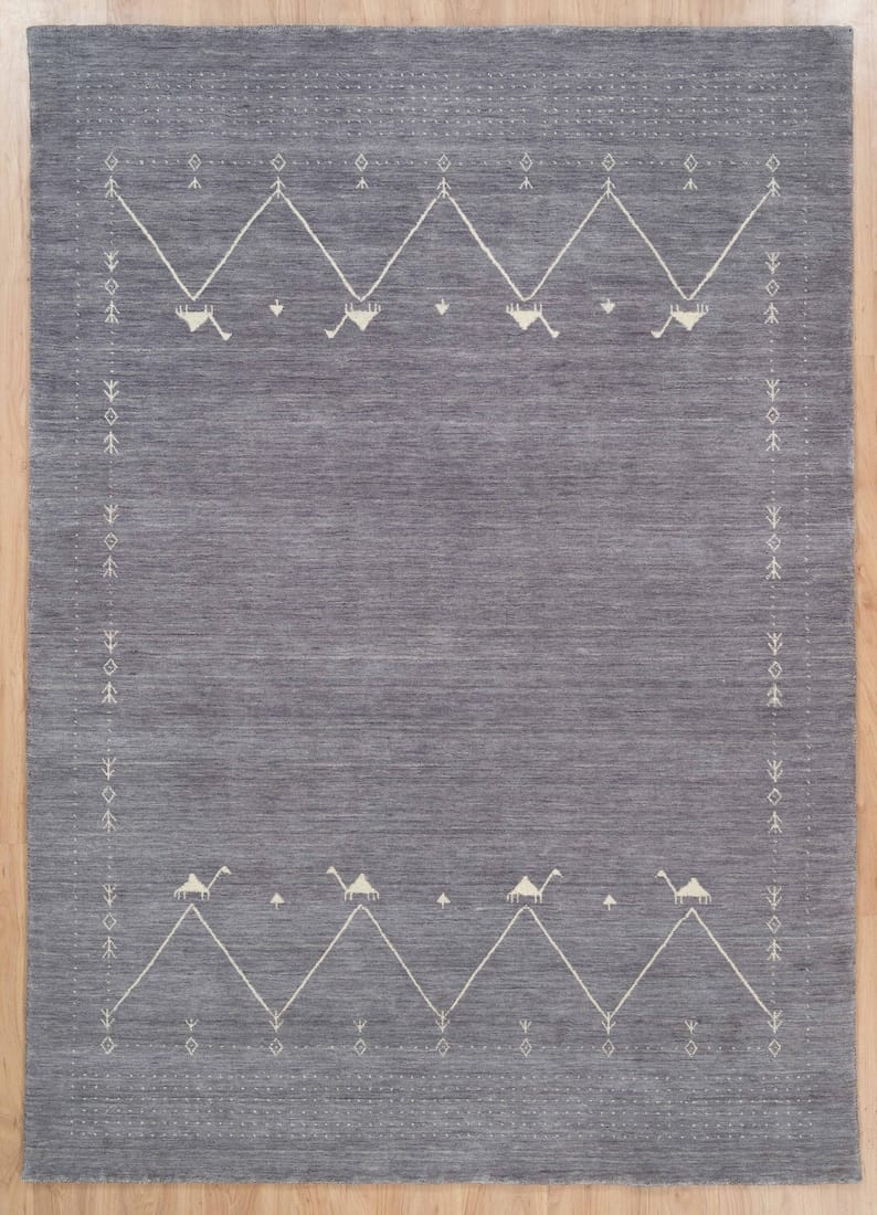 Premium Hand-Knotted Oushak Wool Rug - Grey Charcoal Minimalist Chevron Geometric Carpet