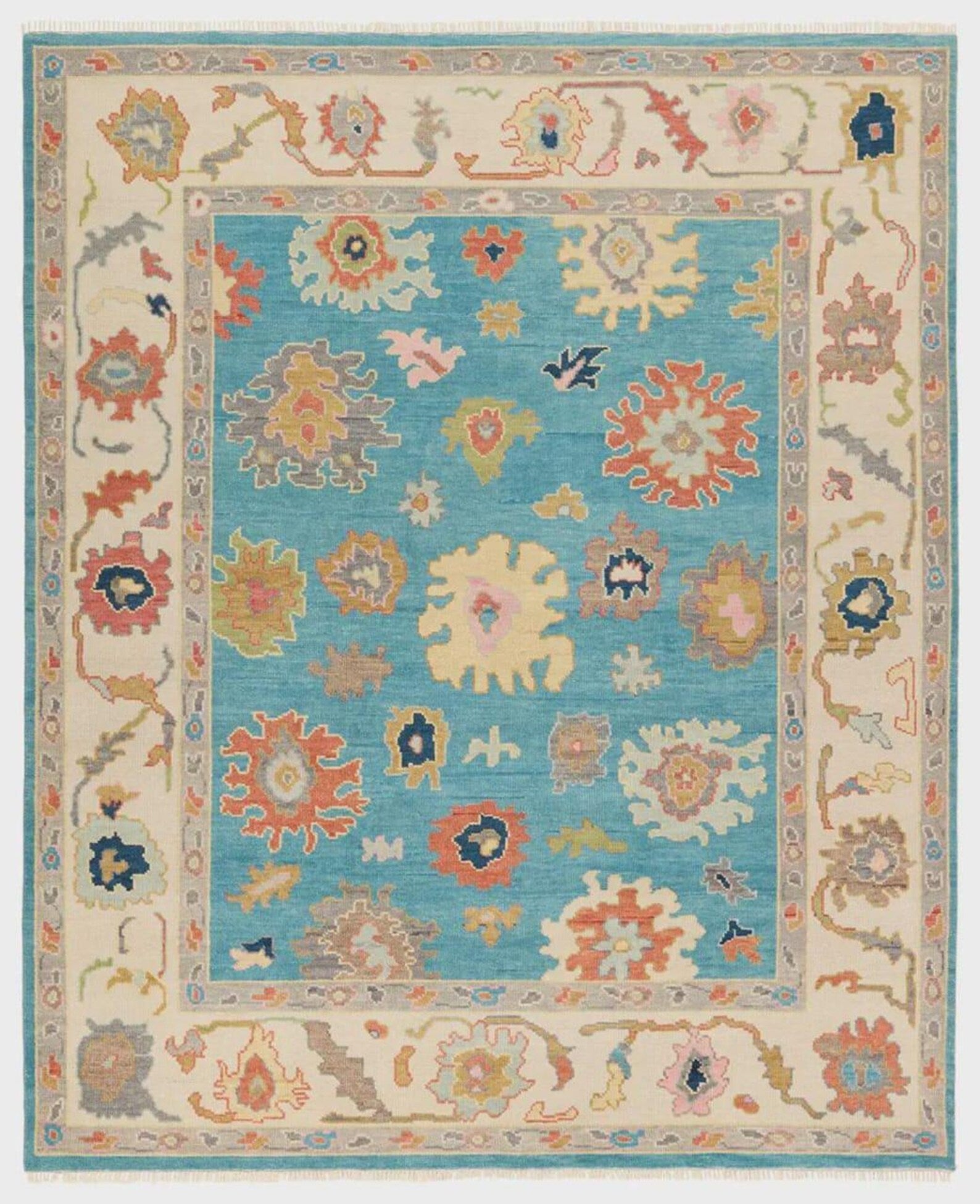 Premium Hand-Knotted Oushak Wool Rug - Vibrant Light Blue Terracotta Floral Carpet