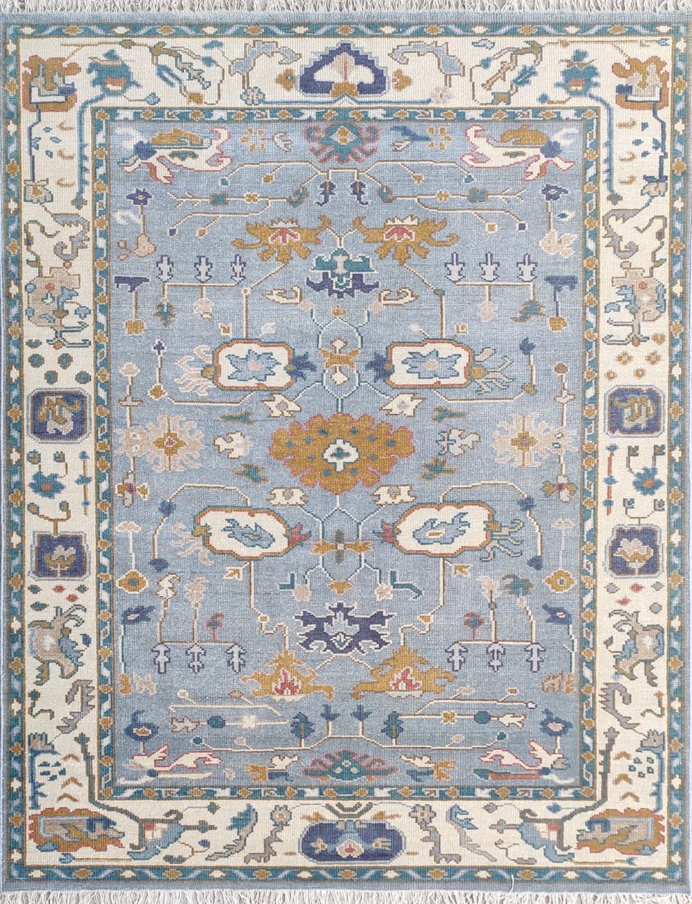 Premium Hand-Knotted Oushak Wool Rug - Serene Light Blue Cream Floral Carpet
