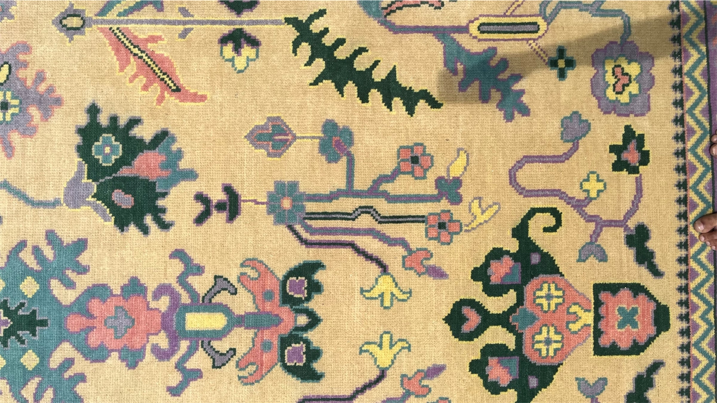 Premium Hand-Knotted Oushak Wool Rug - Ivory Cream and Purple Lavender Floral Carpet