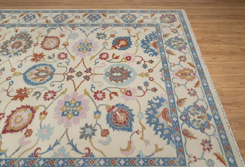 Premium Hand-Knotted Oushak Wool Rug - Creamy Ivory & Slate Blue Pastel Turkish Carpet - Custom Size Area Rug for Living Room, Bedroom & Dining Space