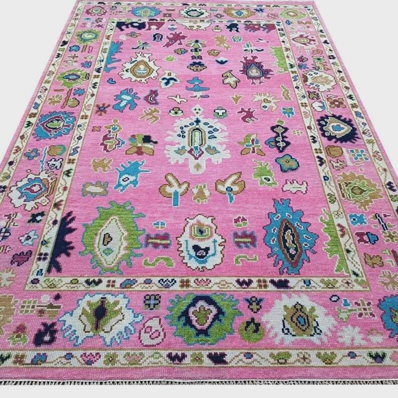Premium Hand-Knotted Oushak Wool Rug - Vibrant Pink Magenta Floral Area Carpet