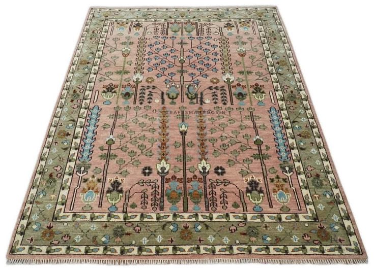 Premium Hand-Knotted Oushak Wool Rug - Muted Salmon Pink & Sage Green Tree of Life Carpet - Custom Size Traditional Area Rug for Living Room, Bedroom & Nursery
