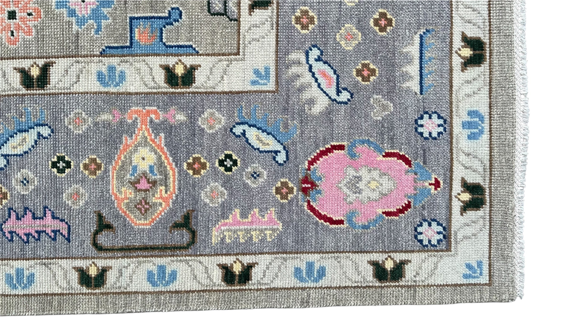Premium Hand-Knotted Oushak Wool Rug - Muted Slate Blue Pastel Floral Carpet