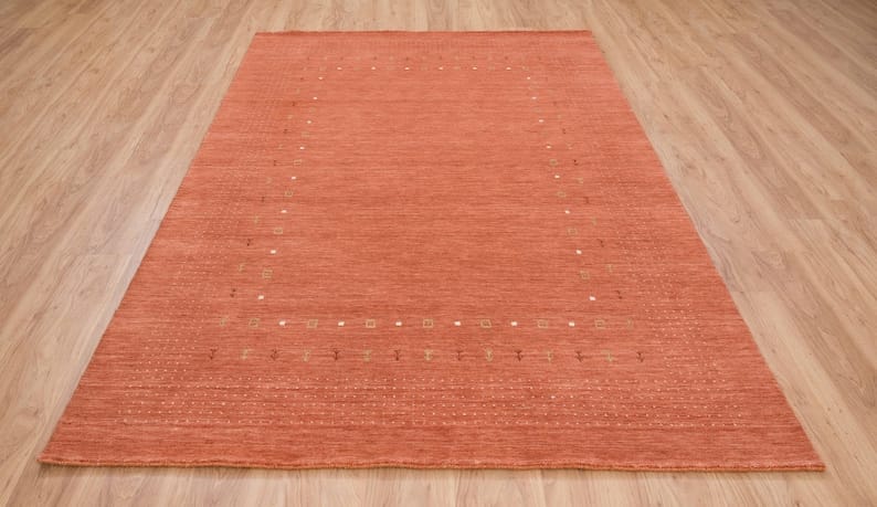 Premium Hand-Knotted Gabbeh Wool Rug - Minimalist Rust Orange Turkish Carpet