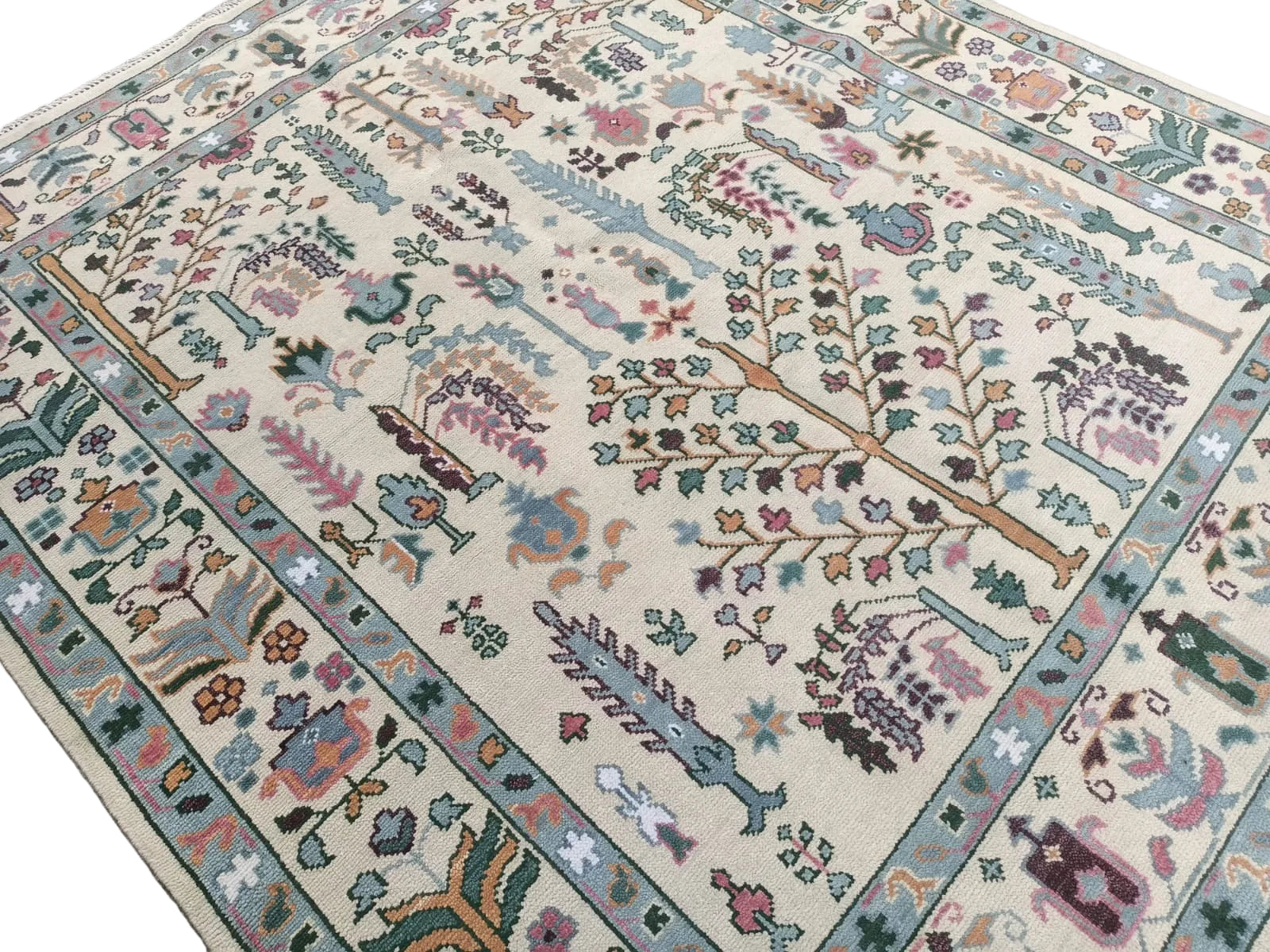 Premium Hand-Knotted Oushak Wool Rug - Creamy Ivory & Sage Green Tree of Life Carpet - Custom Size Traditional Area Rug for Living Room, Bedroom & Dining Space