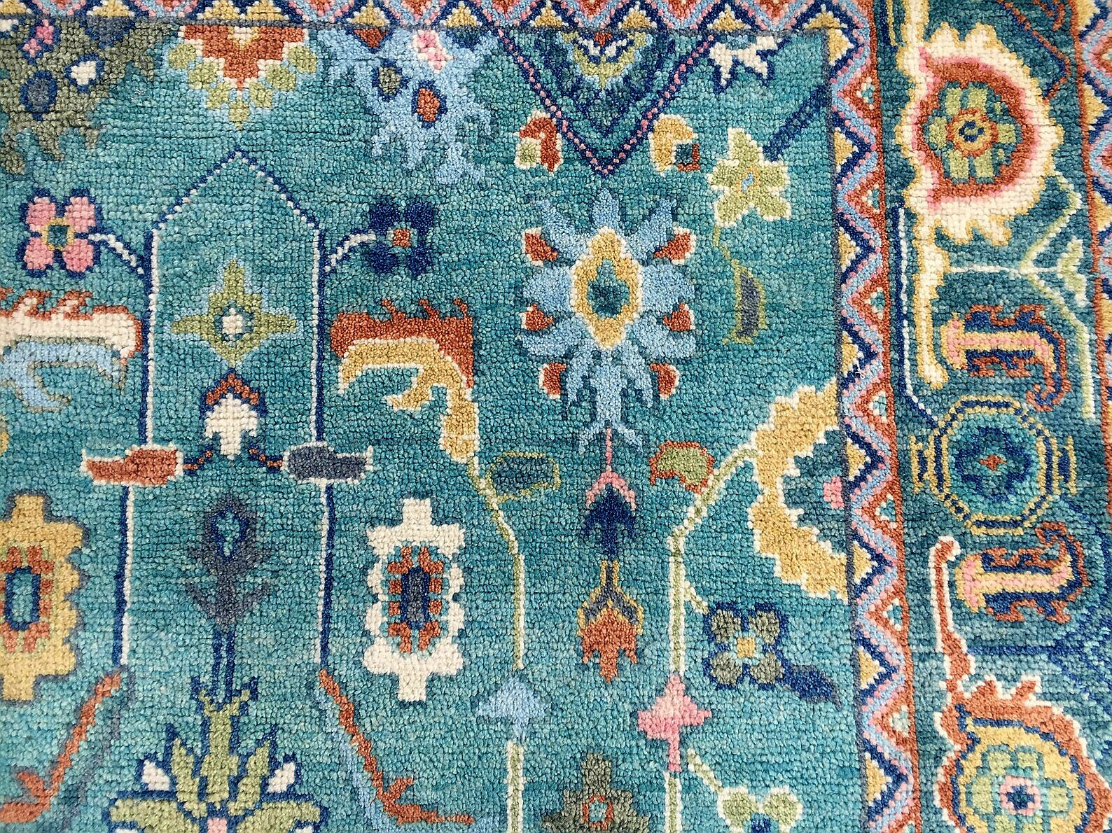 Premium Hand-Knotted Oushak Wool Rug - Vibrant Teal Blue & Terracotta Turkish Style Carpet - Custom Size Area Rug for Living Room, Bedroom & Dining Space