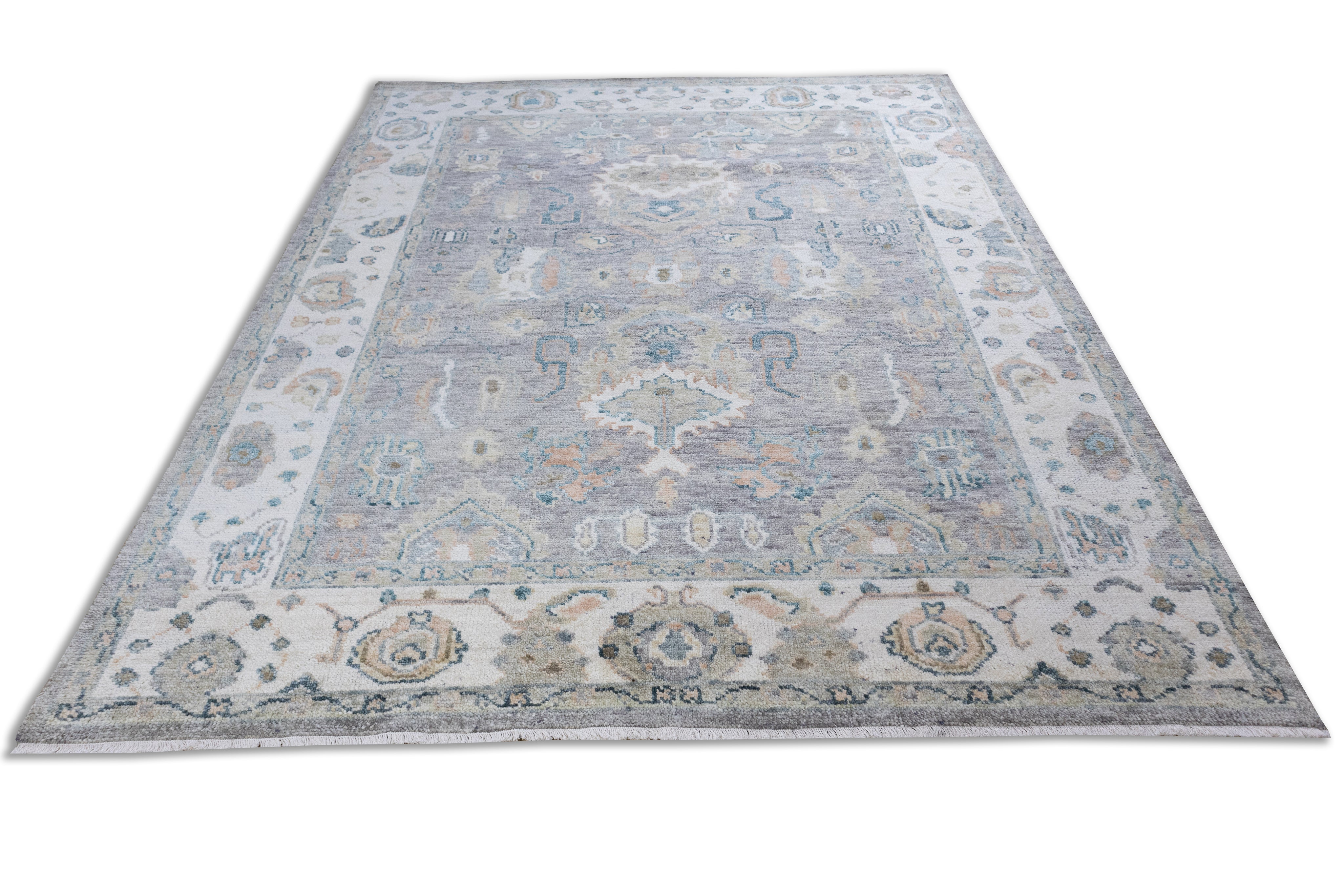 Premium Hand-Knotted Oushak Wool Rug - Muted Silver Grey Light Blue Floral Carpet