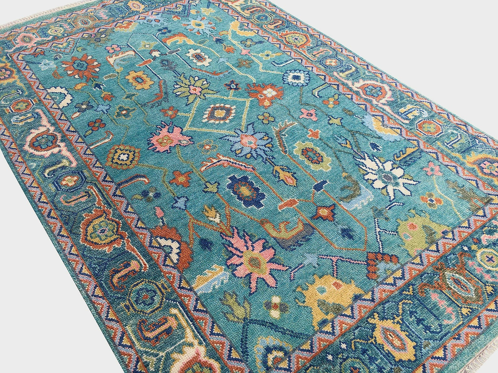 Premium Hand-Knotted Oushak Wool Rug - Vibrant Teal Blue & Terracotta Turkish Style Carpet - Custom Size Area Rug for Living Room, Bedroom & Dining Space