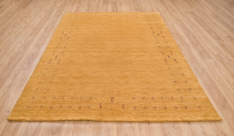 Premium Hand-Knotted Gabbeh Wool Rug - Minimalist Honey Mustard Gold Organic Tribal Area Carpet - Custom Size Available