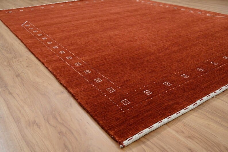 Premium Hand-Knotted Gabbeh Wool Rug - Solid Terracotta Red Rust Turkish Carpet