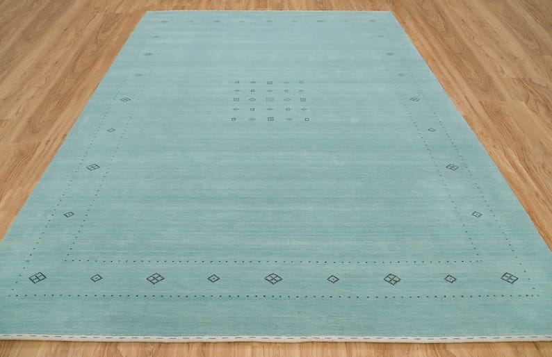 Premium Hand-Knotted Gabbeh Wool Rug - Minimalist Mint Green Aqua Blue Carpet