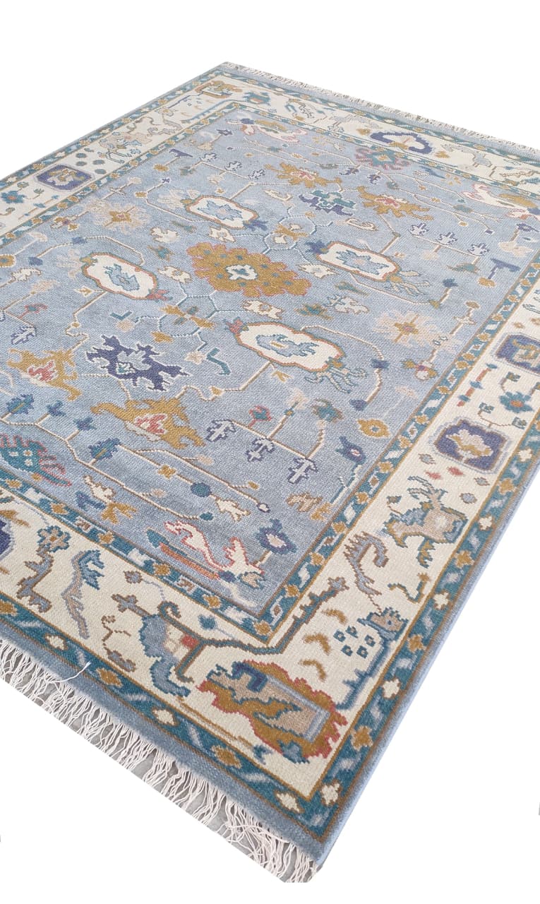Premium Hand-Knotted Oushak Wool Rug - Serene Light Blue Cream Floral Carpet