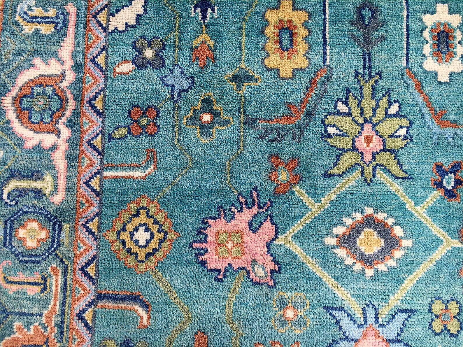 Premium Hand-Knotted Oushak Wool Rug - Vibrant Teal Blue & Terracotta Turkish Style Carpet - Custom Size Area Rug for Living Room, Bedroom & Dining Space