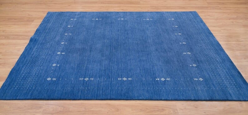 Premium Hand-Knotted Gabbeh Wool Rug - Minimalist Indigo Blue Organic Tribal Area Carpet - Custom Size Available