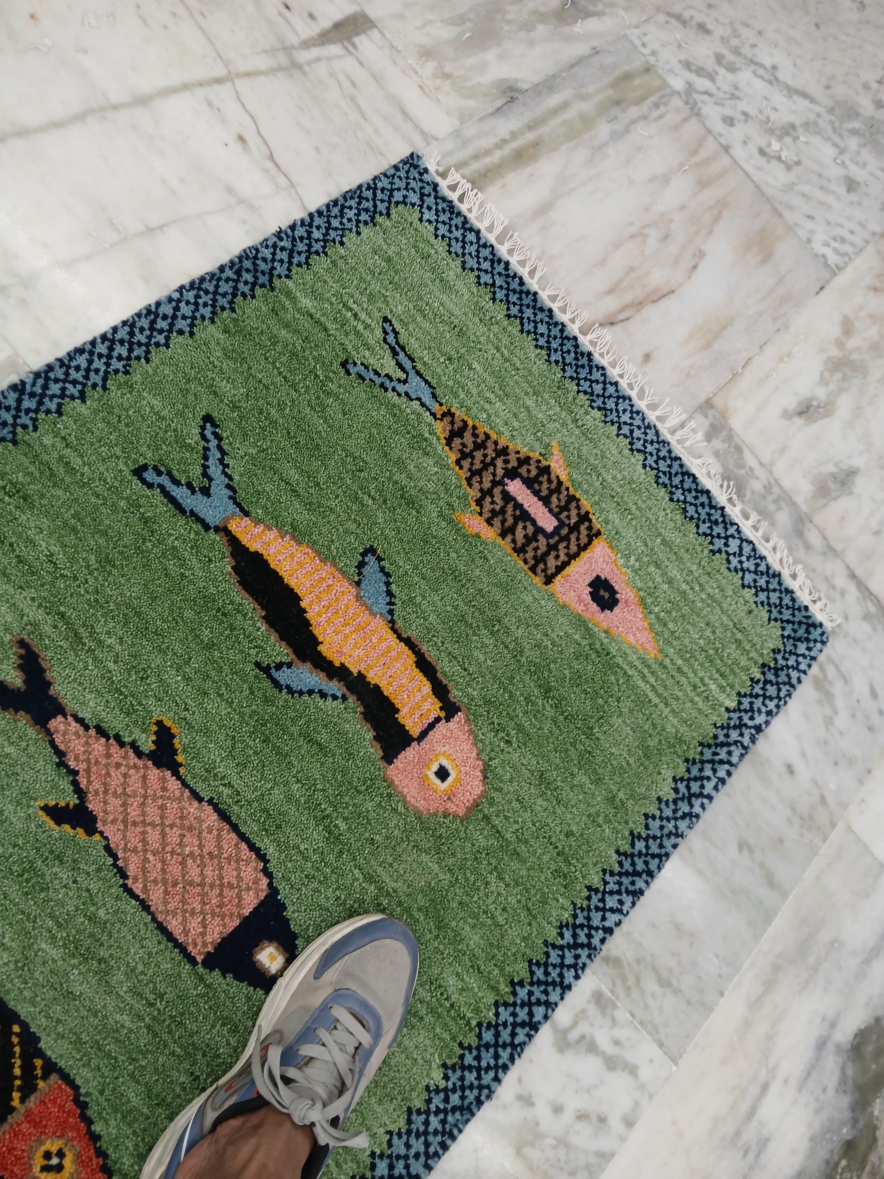 Luma Hand-Knotted Oushak Wool Fish Runner Rug – Vibrant Green Eclectic Coastal Accent