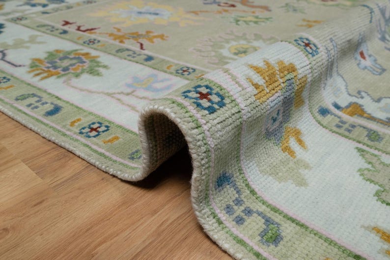 Premium Hand-Knotted Oushak Wool Rug - Muted Sage Green & Pale Yellow Pastel Turkish Carpet - Custom Size Area Rug for Living Room, Bedroom & Nursery