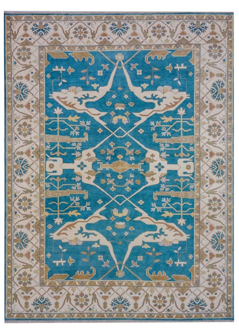 Premium Hand-Knotted Oushak Wool Rug - Teal Indigo Blue & Cream Turkish Carpet