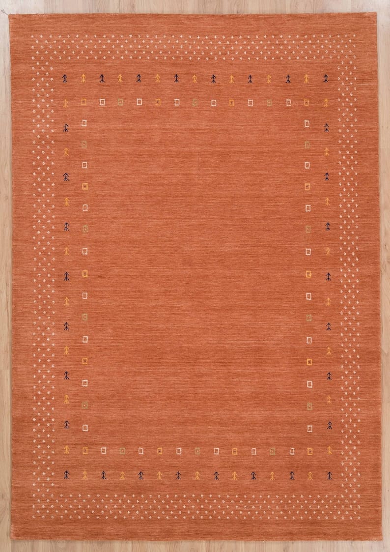 Premium Hand-Knotted Gabbeh Wool Rug - Minimalist Terracotta Rust Orange Striped Carpet