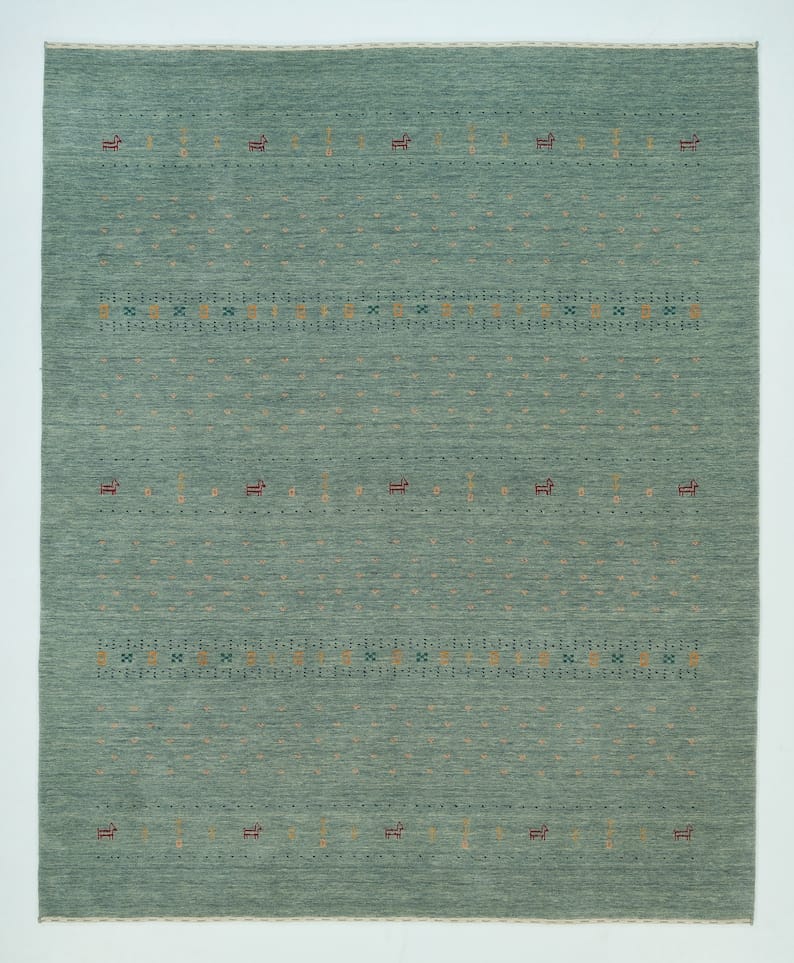 Premium Hand-Knotted Oushak Wool Rug - Minimalist Sage Green Seafoam Textured Carpet