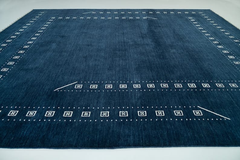 Premium Hand-Knotted Gabbeh Wool Rug - Minimalist Navy Indigo Blue Geometric Tribal Area Carpet - Custom Size Available