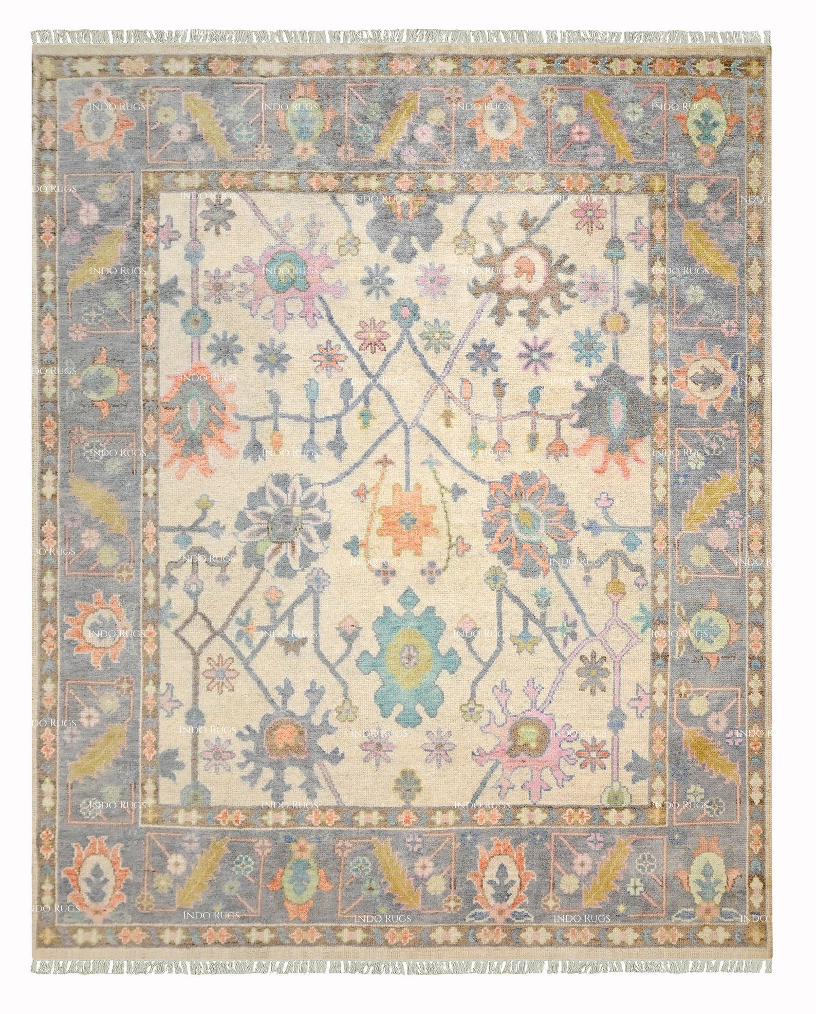 Premium Hand-Knotted Oushak Wool Rug - Ivory and Light Blue Floral Carpet