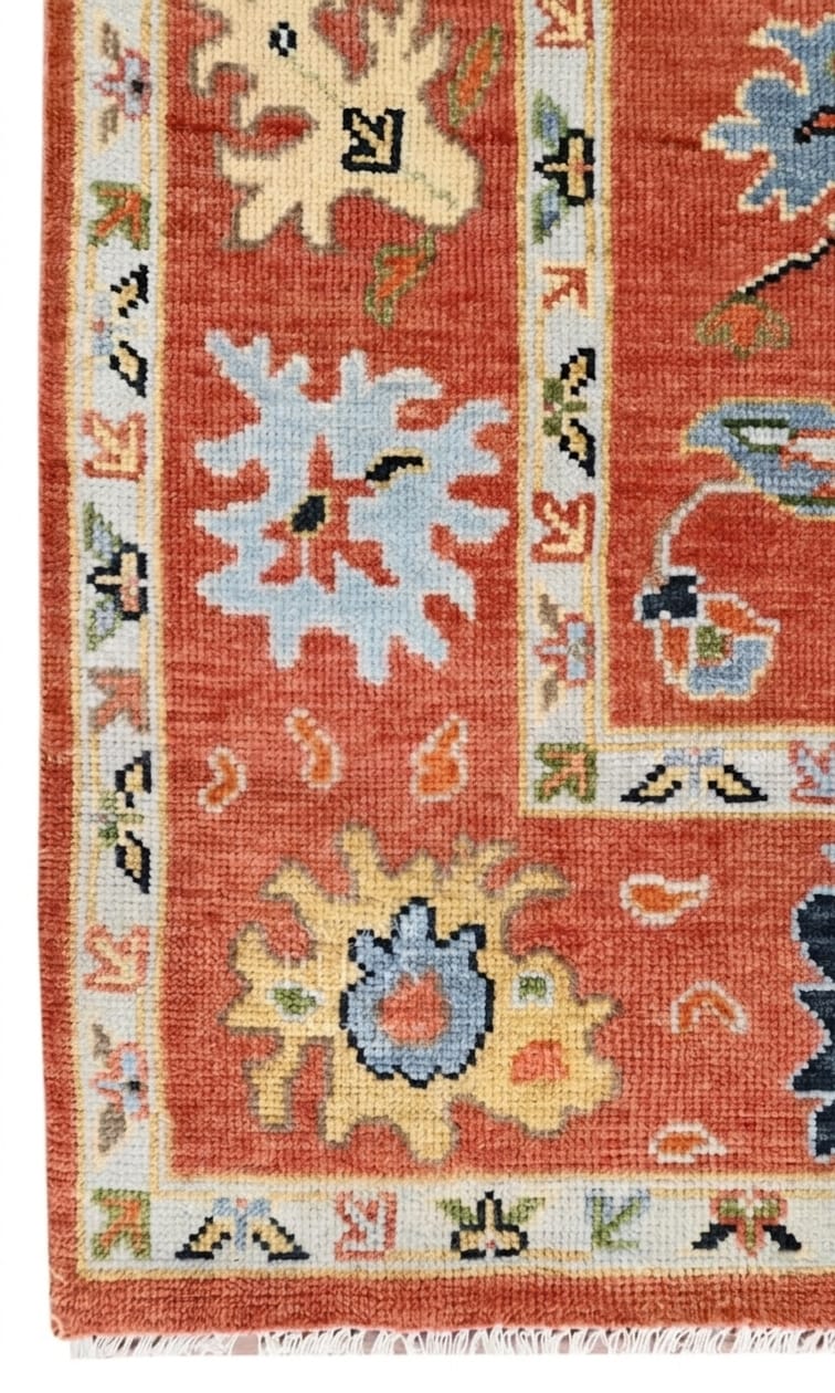 Premium Hand-Knotted Oushak Wool Rug - Terracotta Rust Orange Multi Floral Carpet