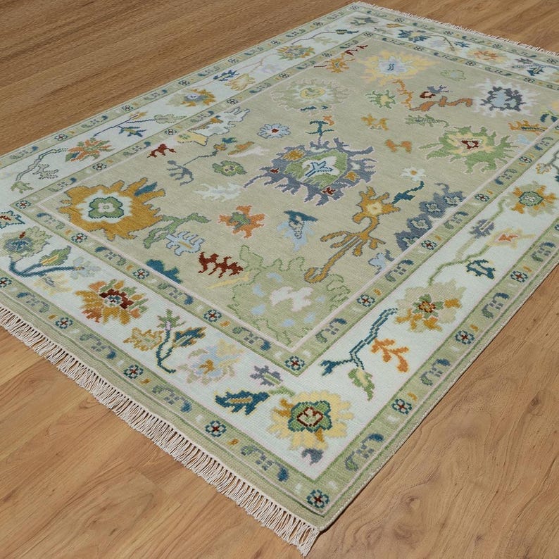 Premium Hand-Knotted Oushak Wool Rug - Muted Sage Green & Pale Yellow Pastel Turkish Carpet - Custom Size Area Rug for Living Room, Bedroom & Nursery