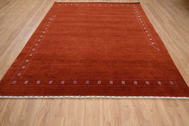 Premium Hand-Knotted Gabbeh Wool Rug - Solid Terracotta Red Rust Turkish Carpet