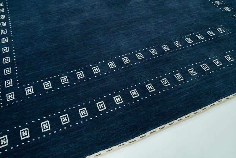 Premium Hand-Knotted Gabbeh Wool Rug - Minimalist Navy Indigo Blue Geometric Tribal Area Carpet - Custom Size Available
