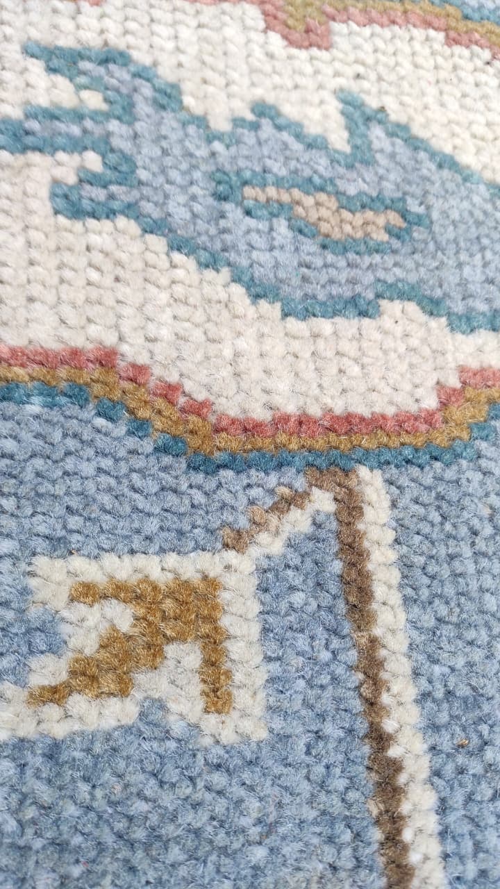 Premium Hand-Knotted Oushak Wool Rug - Serene Light Blue Cream Floral Carpet