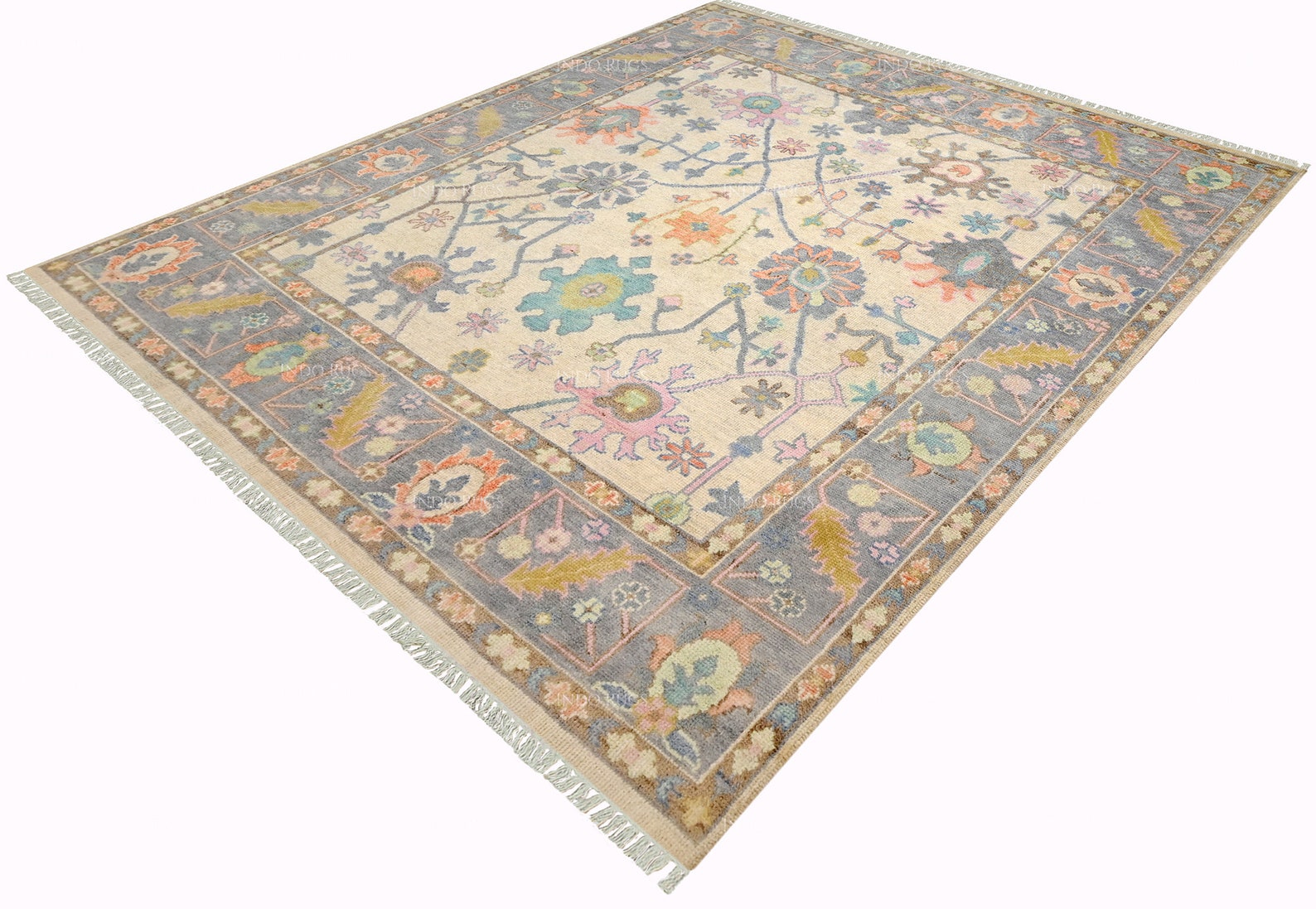 Premium Hand-Knotted Oushak Wool Rug - Ivory and Light Blue Floral Carpet