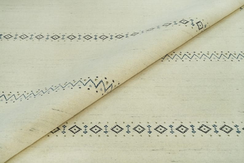 Premium Hand-Knotted Gabbeh Wool Rug - Minimalist Cream Ivory Striped Carpet