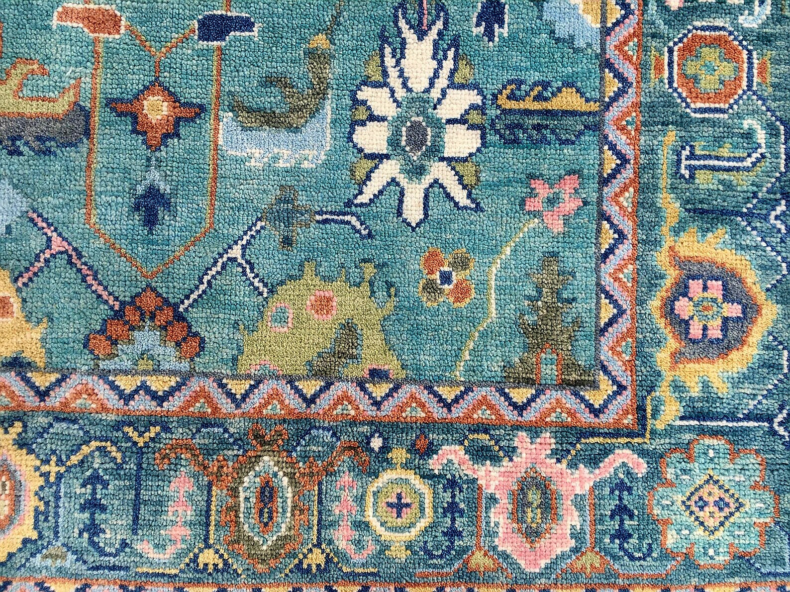 Premium Hand-Knotted Oushak Wool Rug - Vibrant Teal Blue & Terracotta Turkish Style Carpet - Custom Size Area Rug for Living Room, Bedroom & Dining Space