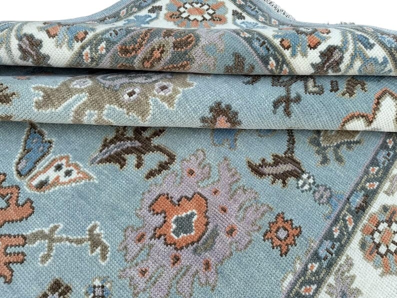 Premium Hand-Knotted Oushak Wool Rug - Turquoise Blue & Multi-Color Turkish Carpet - Custom Size Available