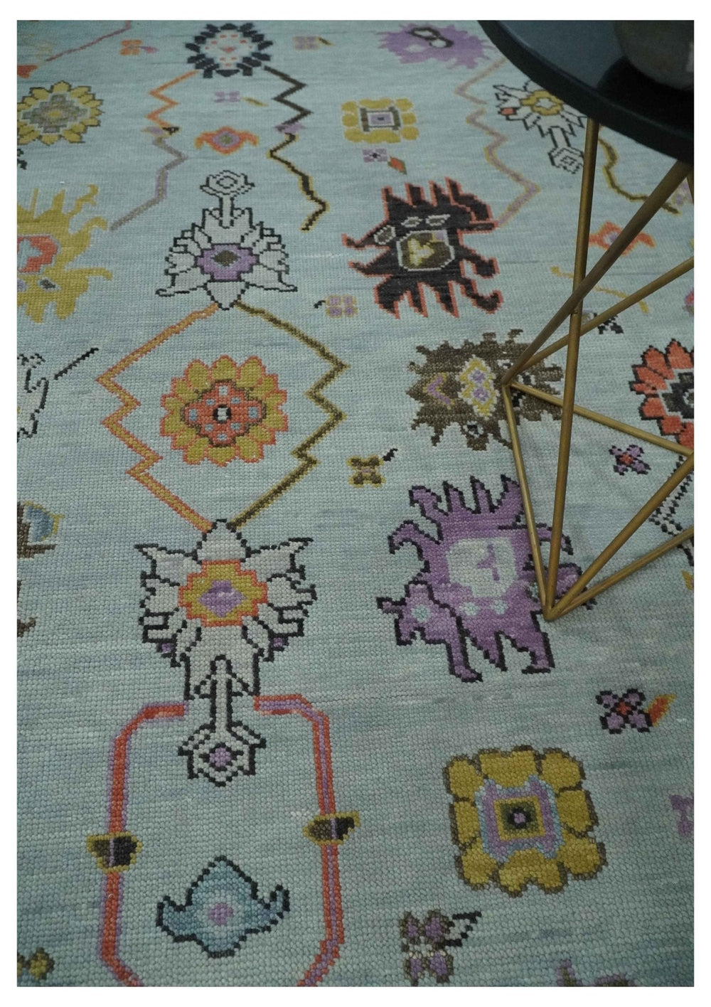 Premium Hand-Knotted Oushak Wool Rug - Serene Light Blue Pastel Floral Carpet