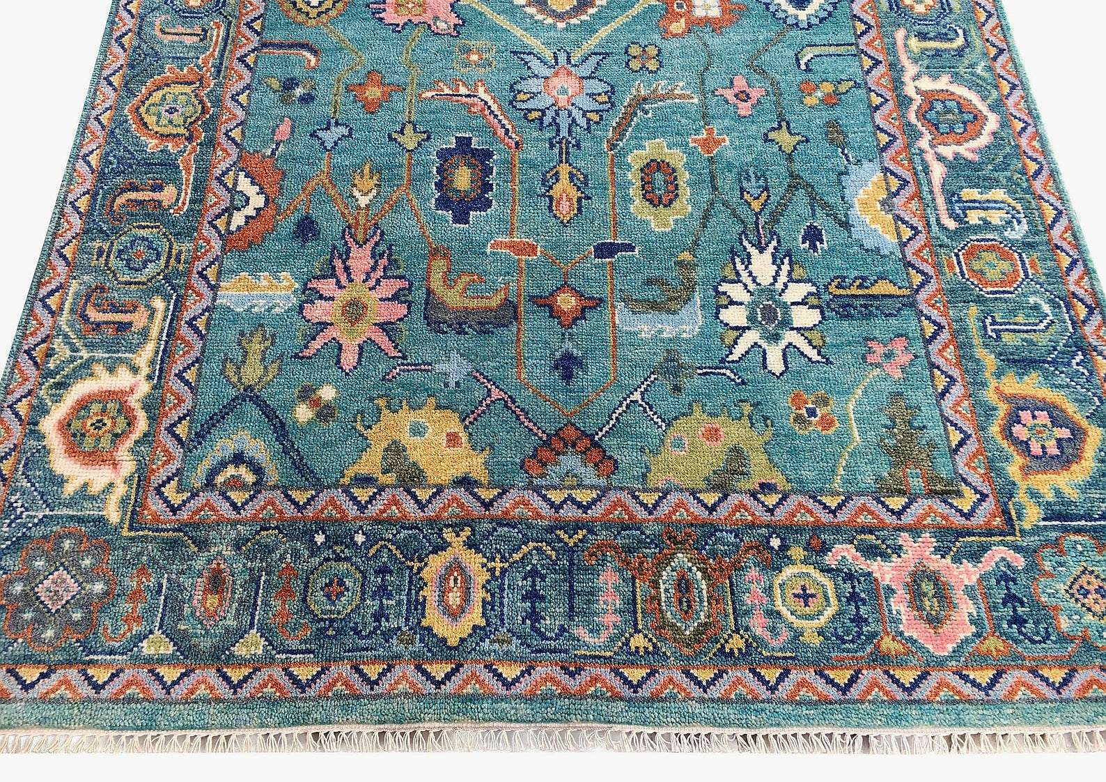 Premium Hand-Knotted Oushak Wool Rug - Vibrant Teal Blue & Terracotta Turkish Style Carpet - Custom Size Area Rug for Living Room, Bedroom & Dining Space