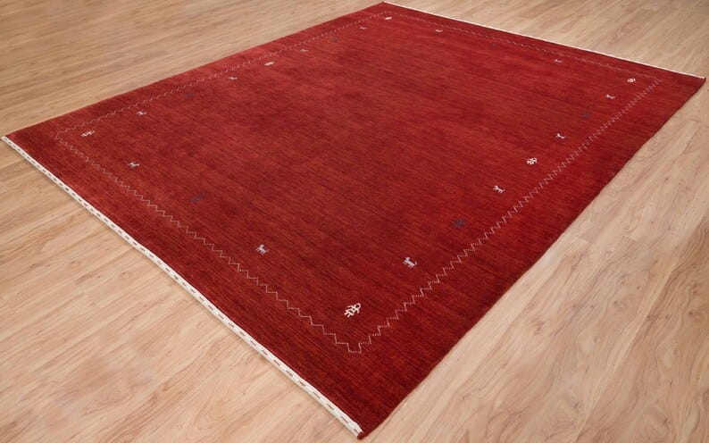 Premium Hand-Knotted Gabbeh Wool Rug - Minimalist Dark Red Maroon Geometric Carpet