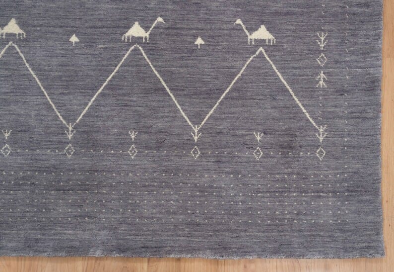 Premium Hand-Knotted Oushak Wool Rug - Grey Charcoal Minimalist Chevron Geometric Carpet