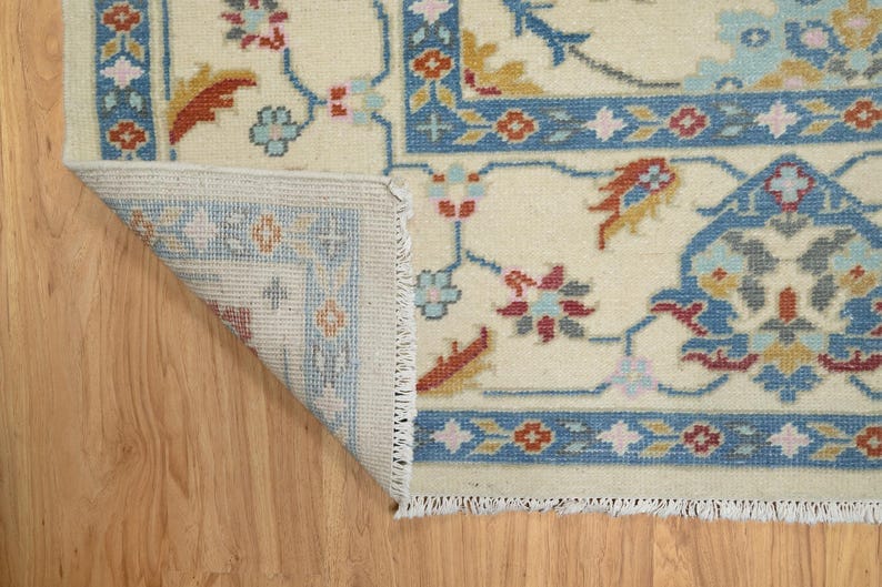 Premium Hand-Knotted Oushak Wool Rug - Creamy Ivory & Slate Blue Pastel Turkish Carpet - Custom Size Area Rug for Living Room, Bedroom & Dining Space