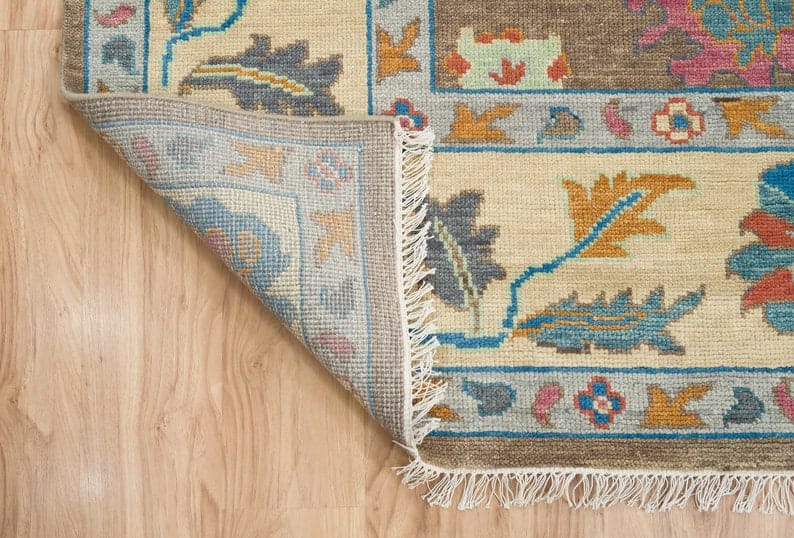 Premium Hand-Knotted Oushak Wool Rug - Taupe Brown & Ivory Multi-Color Border Turkish Carpet - Custom Size Area Rug for Living Room, Bedroom & Dining Area