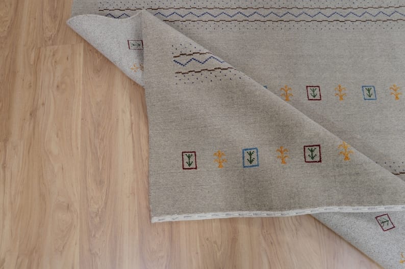 Premium Hand-Knotted Gabbeh Wool Rug - Minimalist Sage Olive Green Striped Carpet