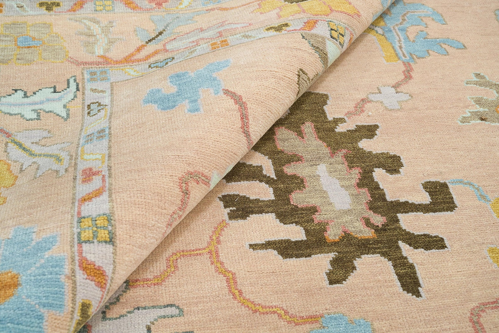Premium Hand-Knotted Oushak Wool Rug - Muted Blush Pink & Apricot Peach Turkish Carpet - Custom Size Area Rug for Living Room, Bedroom & Nursery