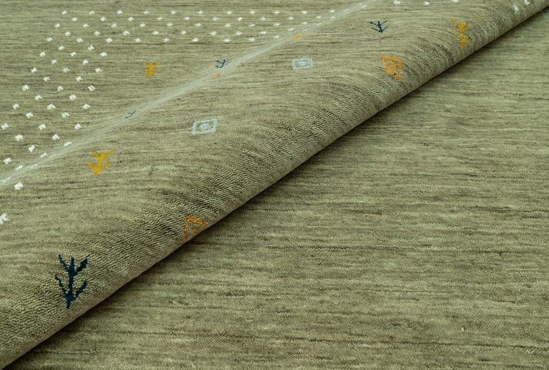 Premium Hand-Knotted Gabbeh Wool Rug - Minimalist Sage Green Organic Tribal Area Carpet - Custom Size Available