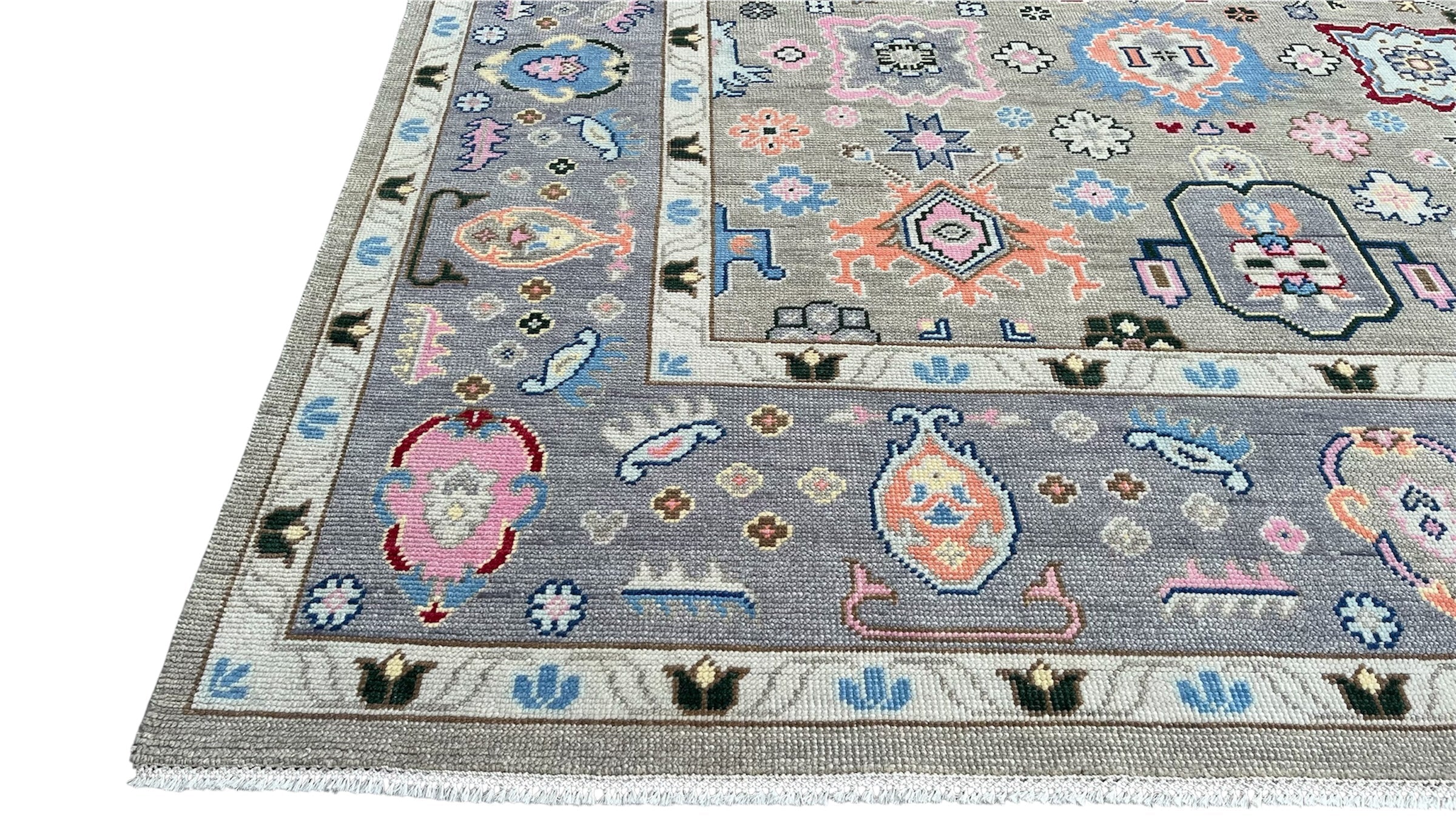 Premium Hand-Knotted Oushak Wool Rug - Muted Slate Blue Pastel Floral Carpet