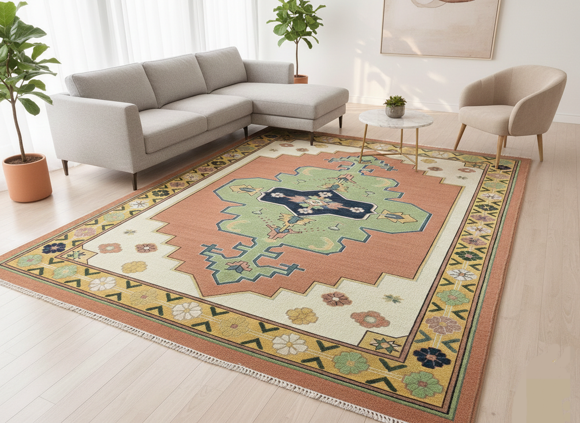 Premium Hand-Knotted Oushak Wool Rug - Vibrant Teal Blue & Terracotta Turkish Style Carpet - Custom Size Area Rug for Living Room, Bedroom & Dining Space