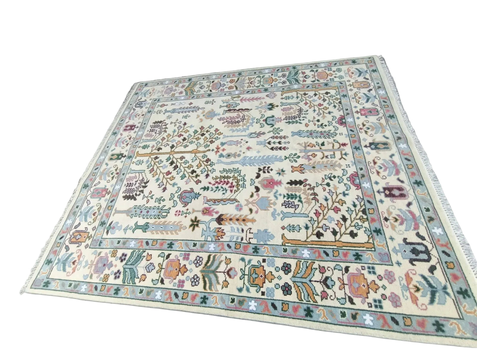 Premium Hand-Knotted Oushak Wool Rug - Creamy Ivory & Sage Green Tree of Life Carpet - Custom Size Traditional Area Rug for Living Room, Bedroom & Dining Space