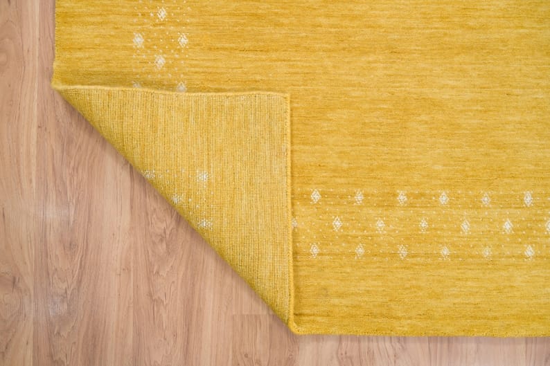Premium Hand-Knotted Gabbeh Wool Rug - Minimalist Golden Mustard Yellow Carpet