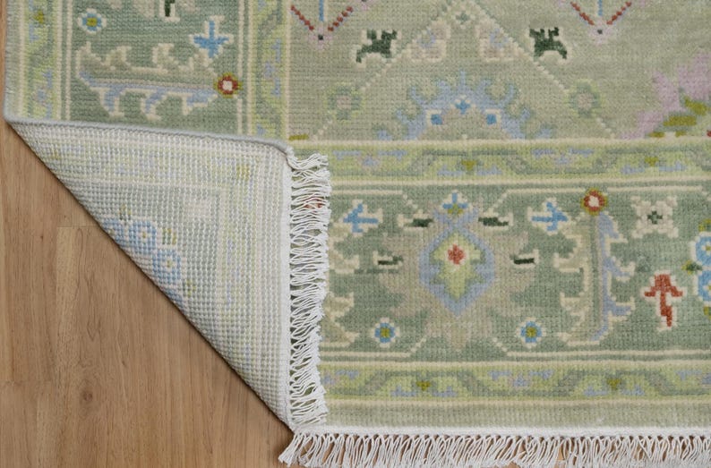 Premium Hand-Knotted Oushak Wool Rug - Muted Sage Green & Lavender Pastel Turkish Style Carpet - Custom Size Area Rug for Living Room, Bedroom & Nursery