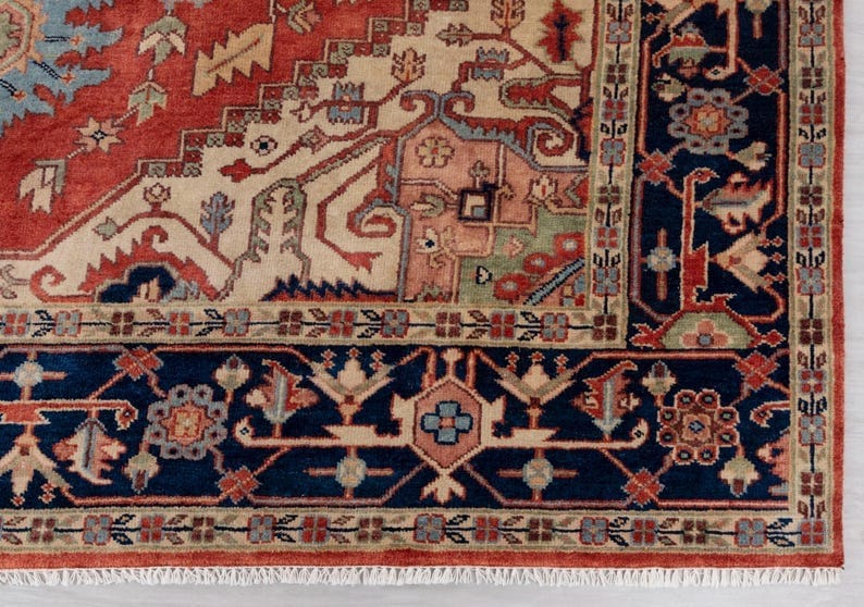 Premium Hand-Knotted Oushak Wool Rug - Terracotta Red & Navy Blue Traditional Carpet